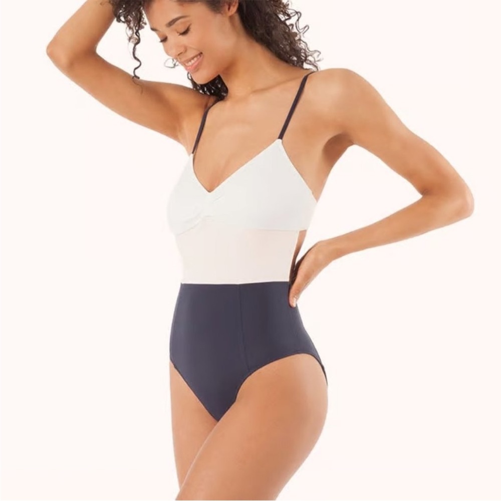 Lively one piece color block swimsuit blue white adjustable straps